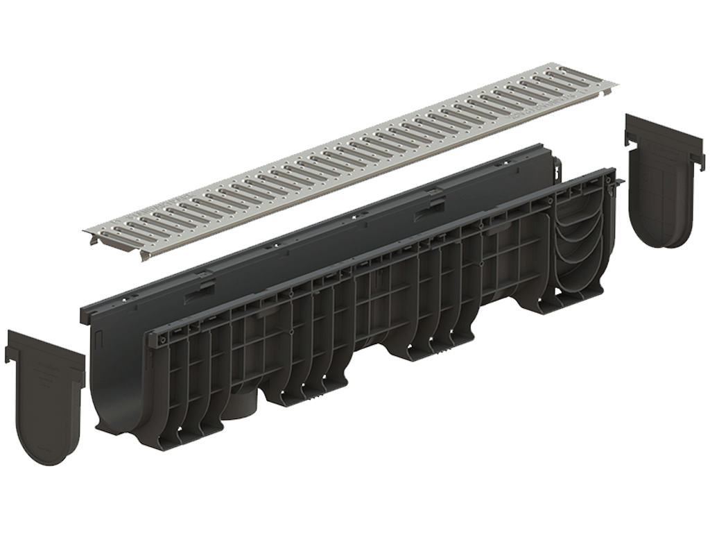 Лоток водоотводный пластиковый BASE DN100 H200 с решеткой щелевой стальной оцинкованной A15